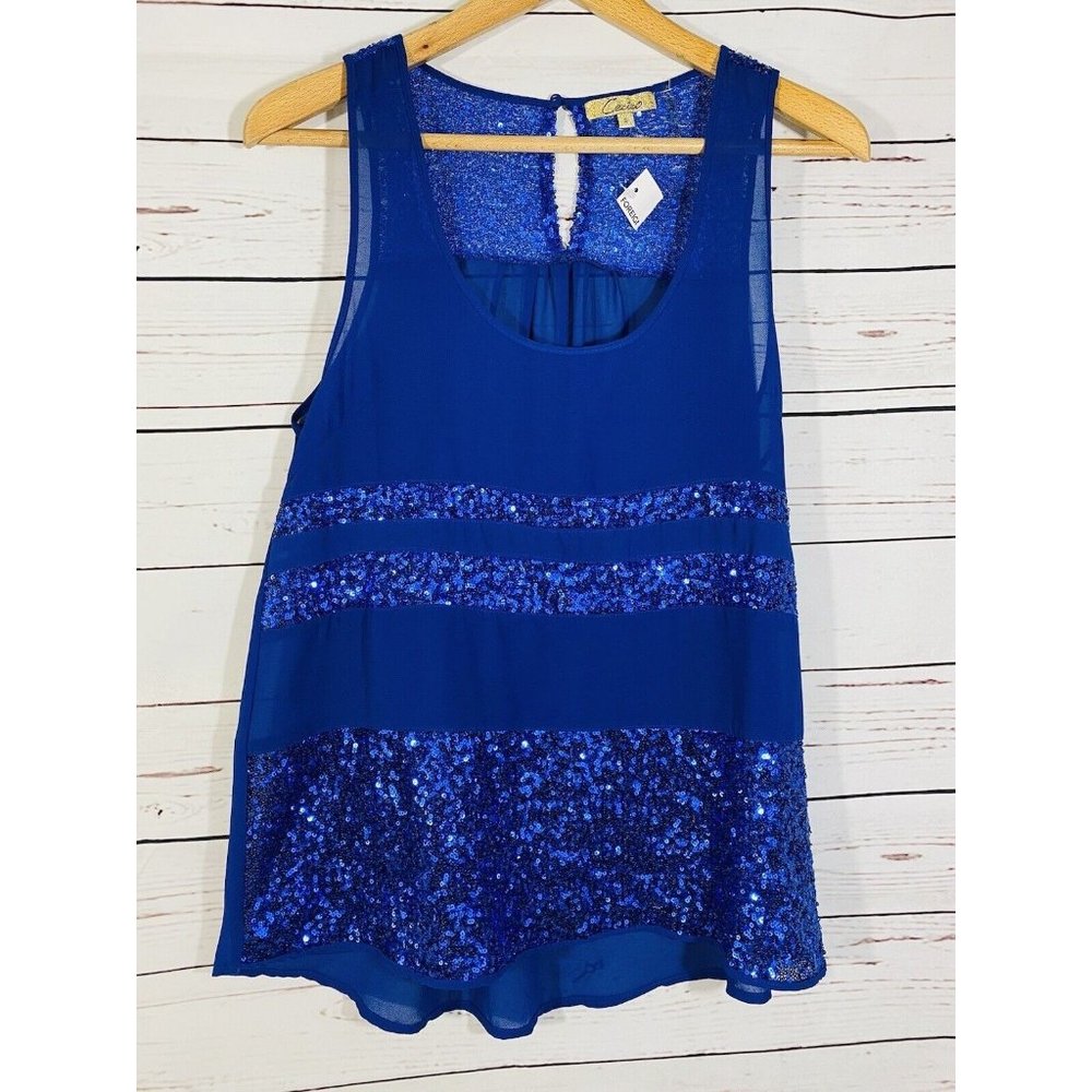 Cecico Tank Top Womens Sz Small Blue Sequin Sheer Sleeveless Festival Holiday